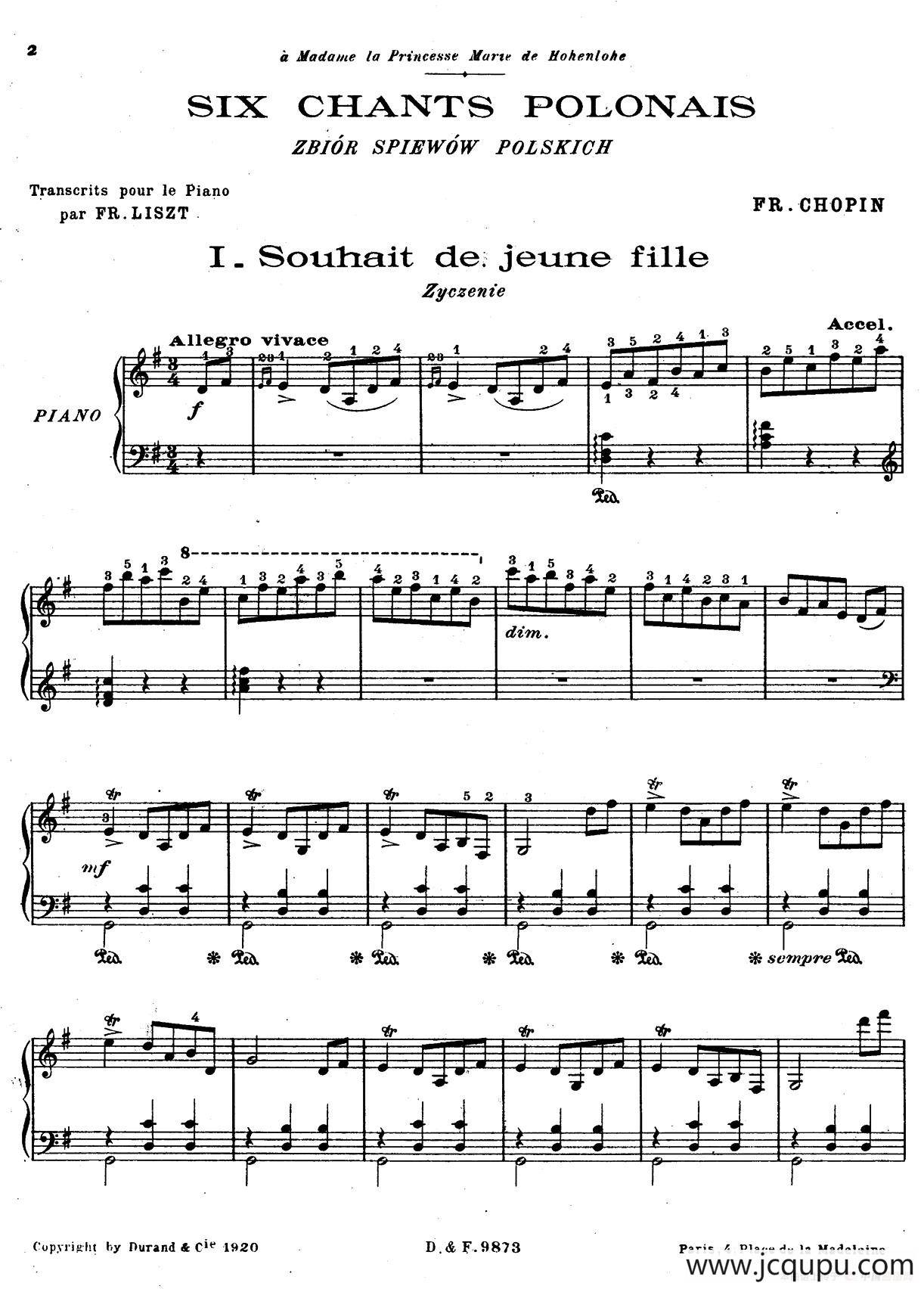 6 Chants Polonais S.480（6首波兰歌曲·Ⅰ）简谱