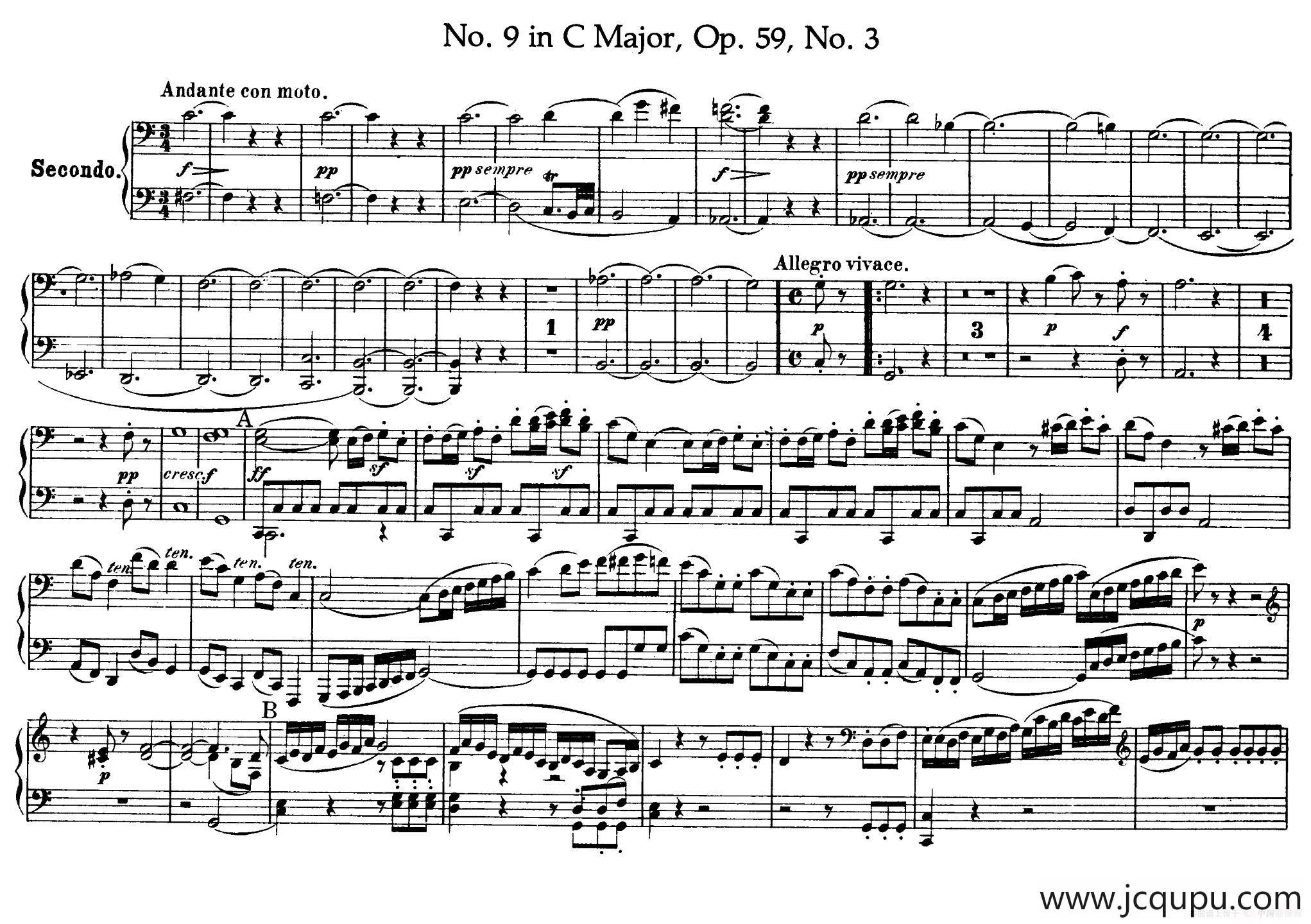 String Quartet No.9 in C Major Op.59-3 - 4 Hands（C大调第九弦乐四重奏·四手联弹）简谱