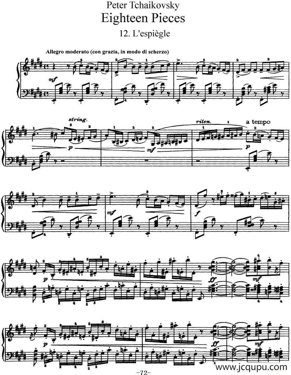 柴可夫斯基18首钢琴小品Op.72（12.L'espiegle）简谱