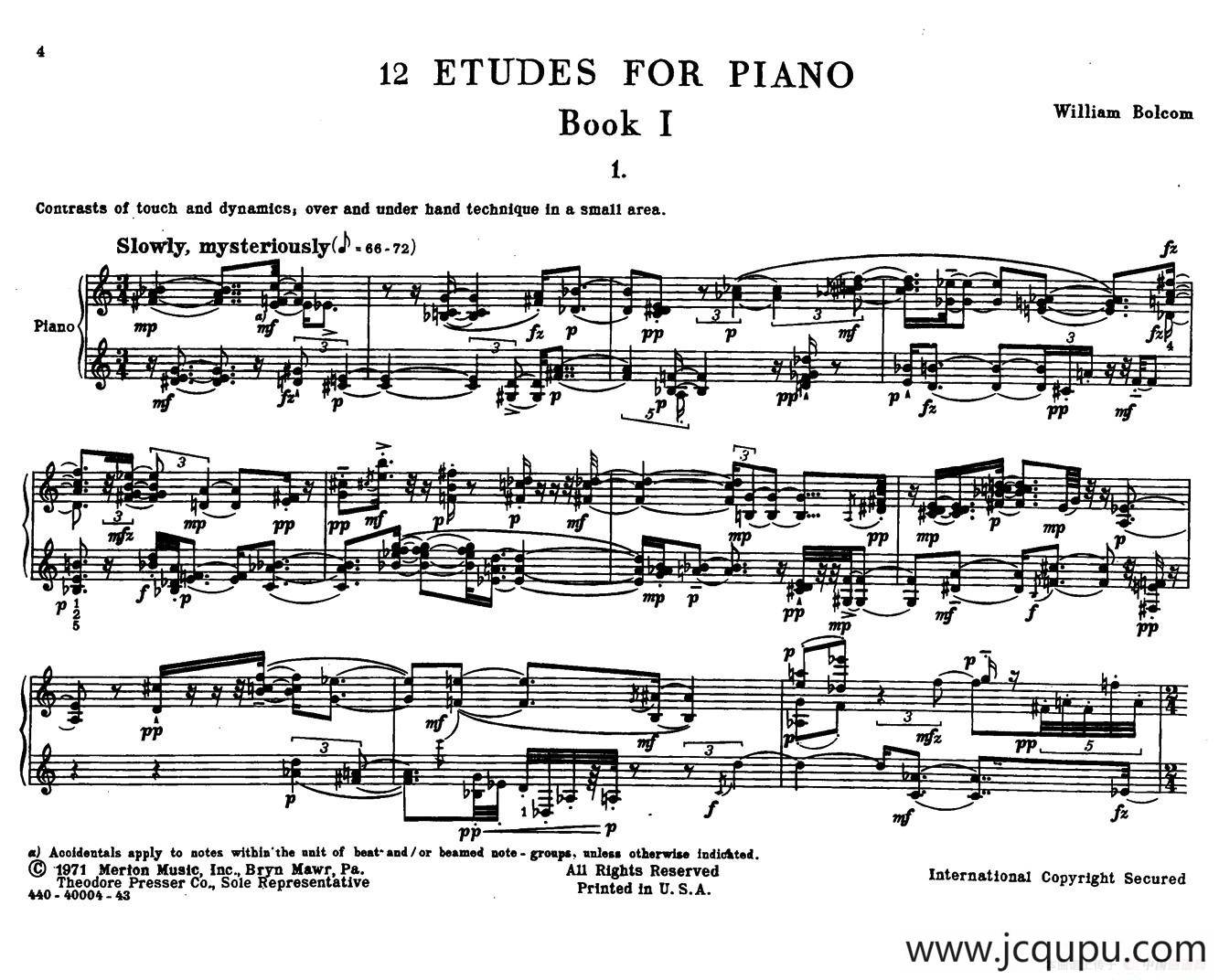 12 Etudes for Piano（博尔科姆12首钢琴练习曲·1）简谱