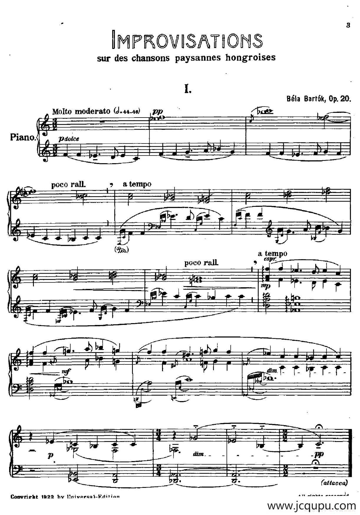 8 Improvisations Op.20 （8首匈牙利民歌即兴曲·Ⅰ）简谱
