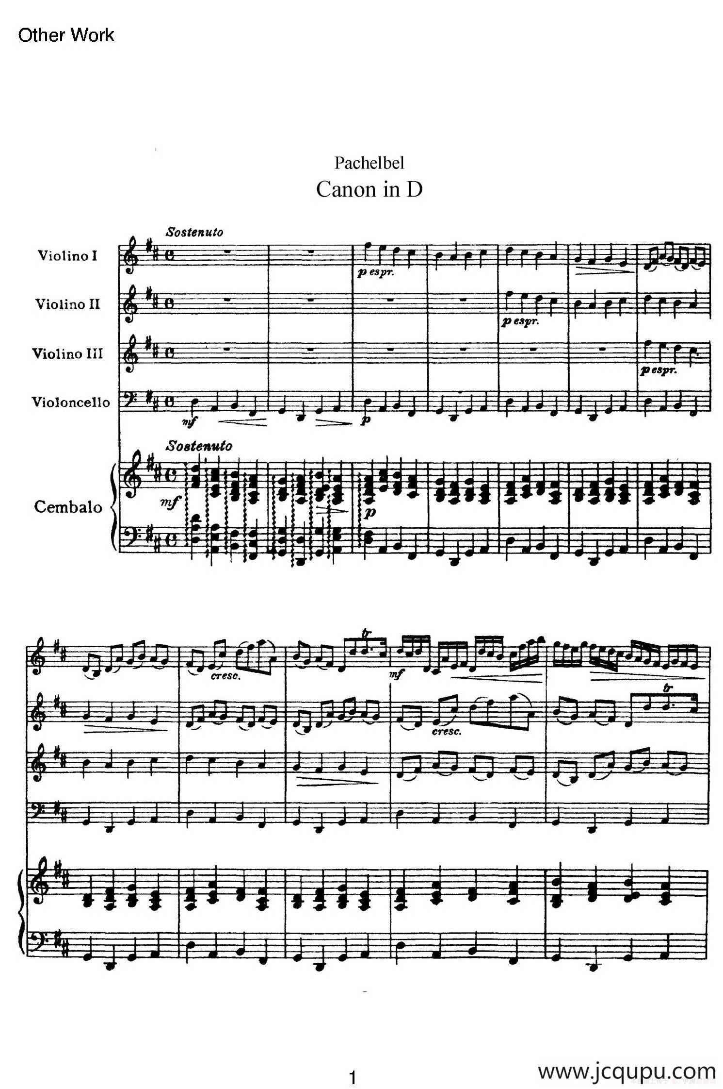 Canon in D（D大调卡农·五重奏）简谱