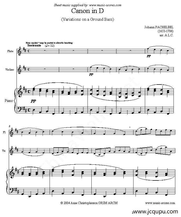Canon in D（G大调卡农）（长笛+小提琴+钢琴三重奏）简谱