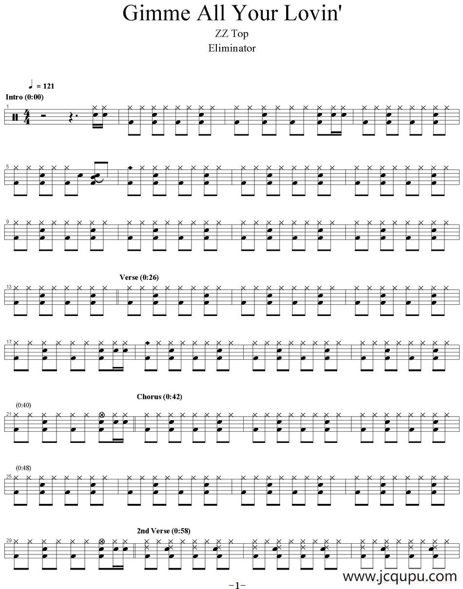 爵士鼓谱：Gimme all your lovin简谱