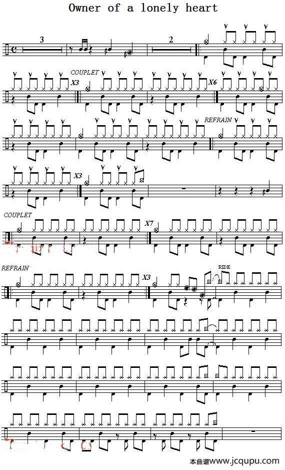 爵士鼓谱：Yes - Owner of a lonely heart简谱