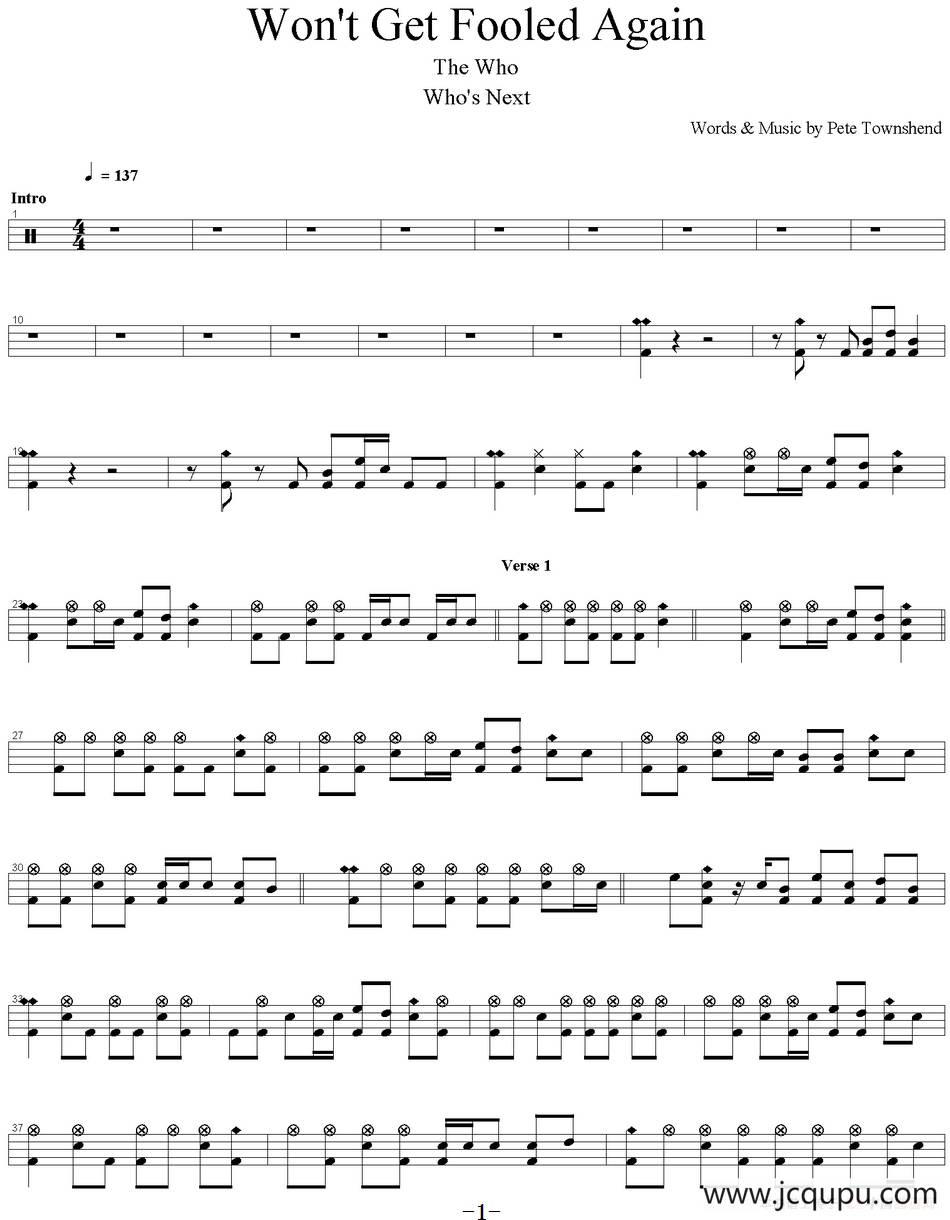 爵士鼓谱：Who - Won't get fooled again简谱