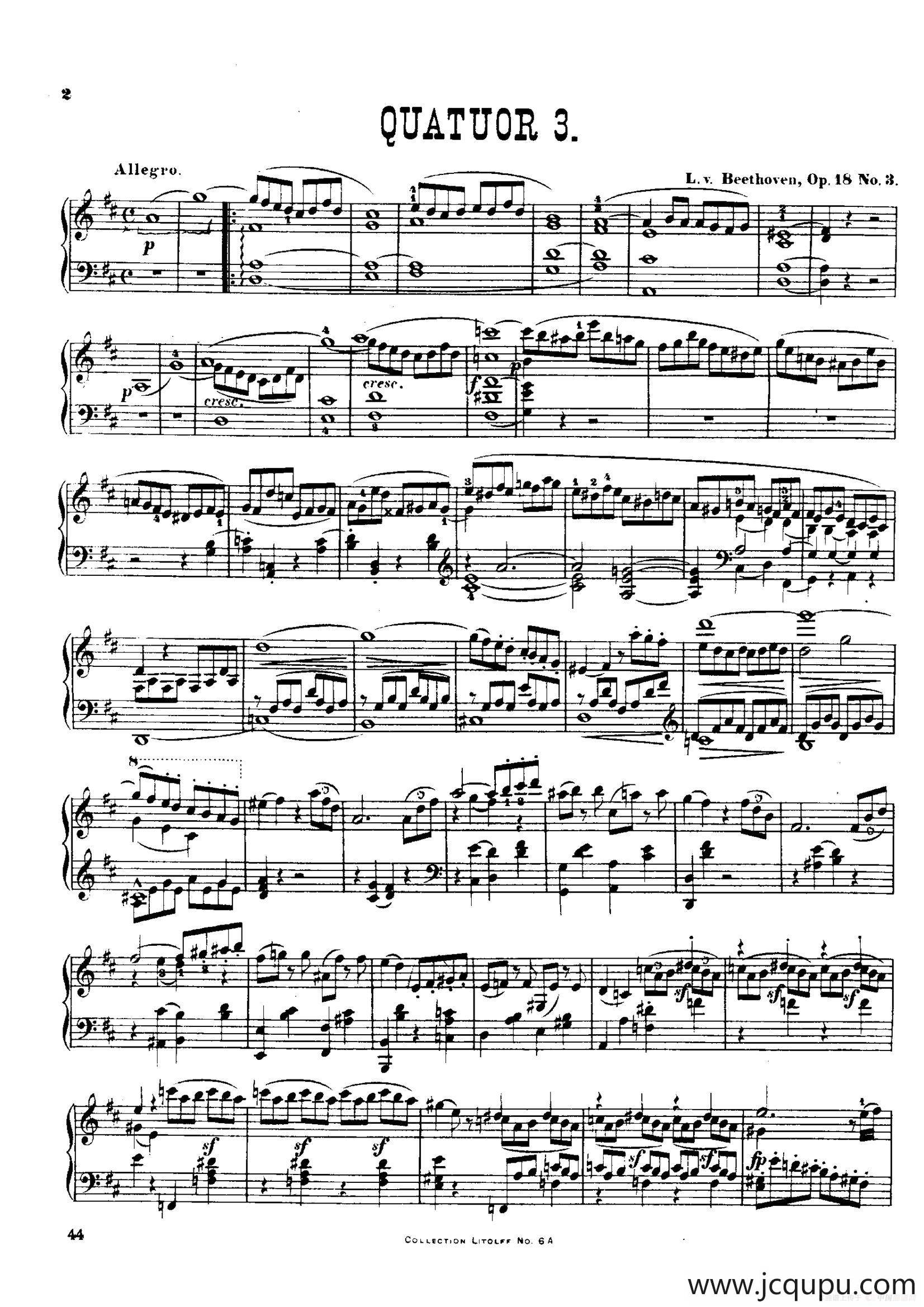 String Quartet No.3 in D Major Op.18-3（D大调第三弦乐四重奏·钢琴独奏版）简谱