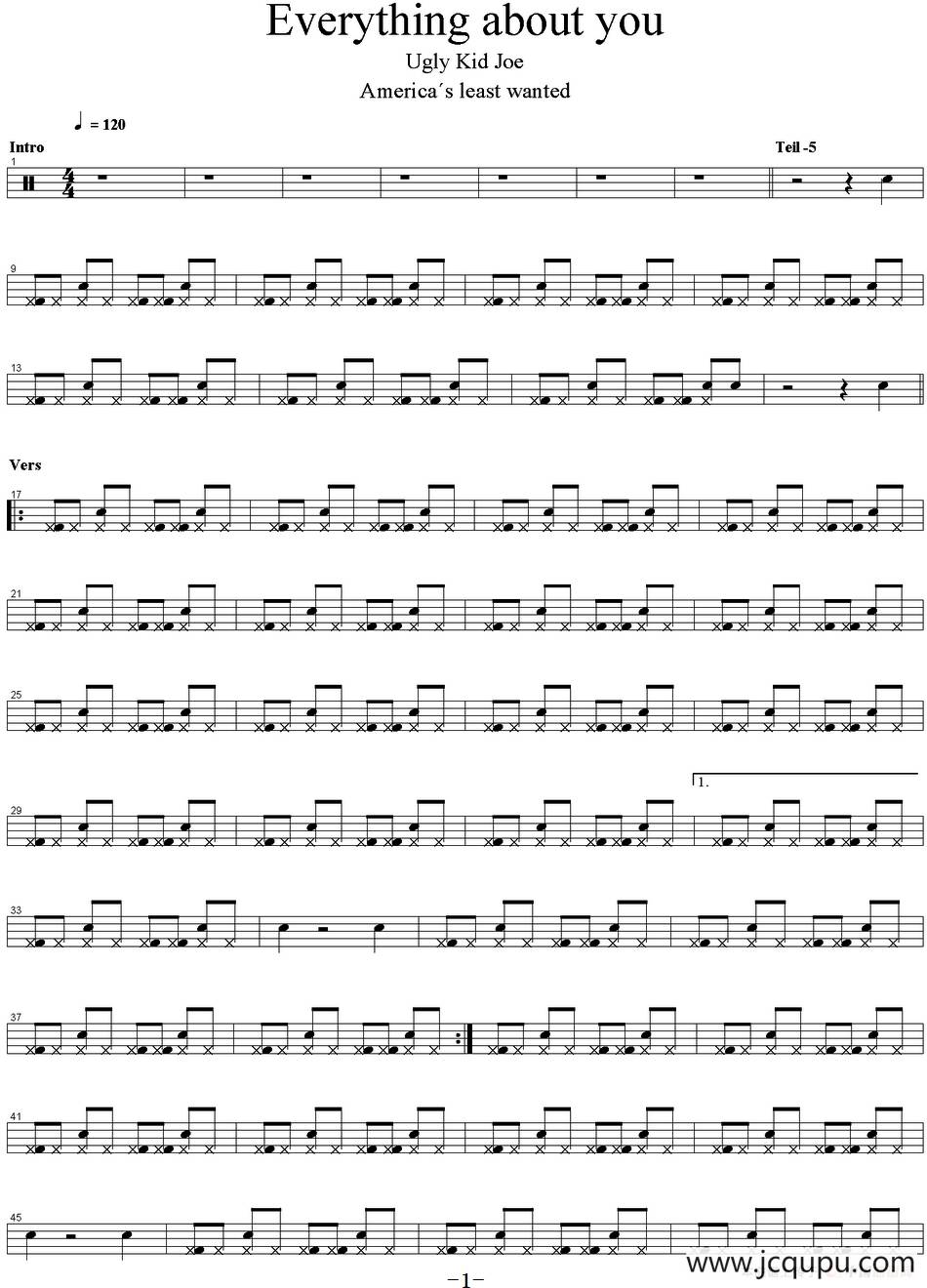 爵士鼓谱：Ugly Kid Joe - Everything about you简谱