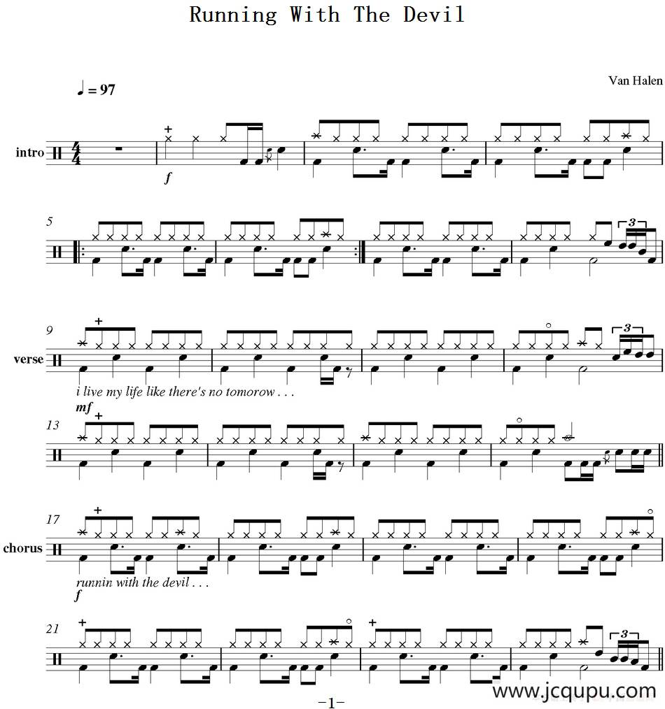 爵士鼓谱：Van Halen - Running with the devil简谱