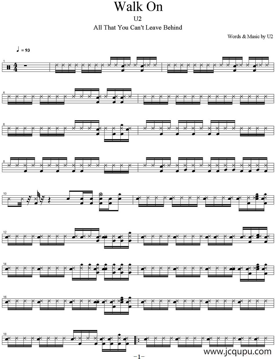 爵士鼓谱：U2 - Walk on简谱