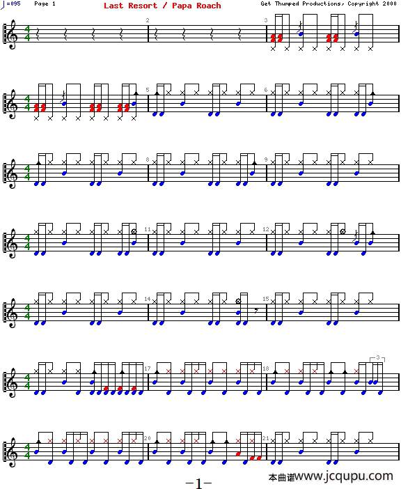 爵士鼓谱：Papa Roach - Last resort简谱