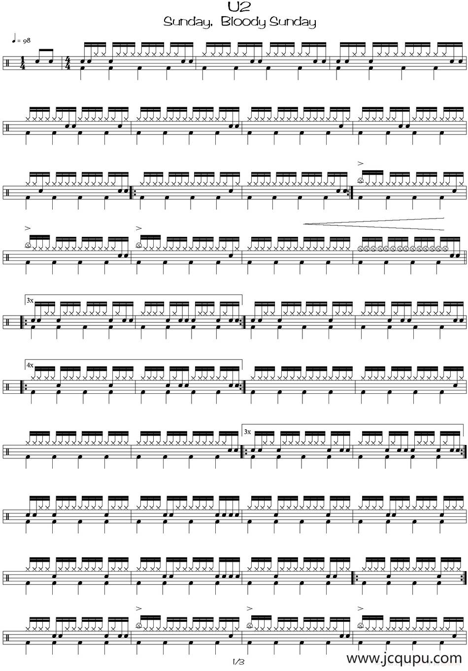 爵士鼓谱：U2 - Sunday bloody sunday简谱