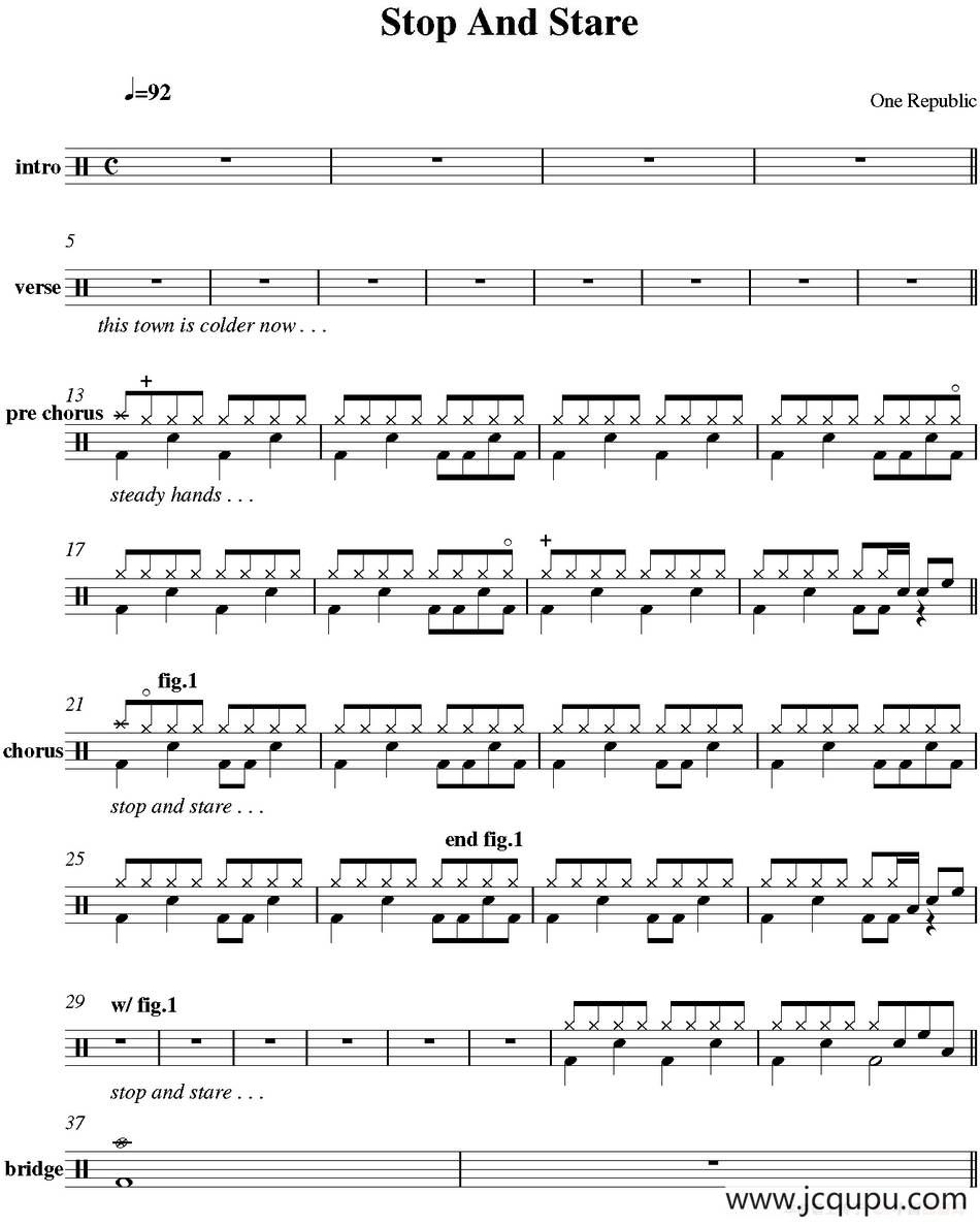 爵士鼓谱：OneRepublic - Stop and stare简谱