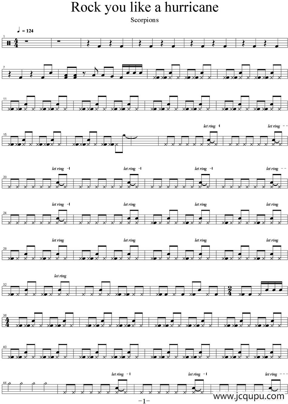 爵士鼓谱：Scorpions - Rock you like a hurricane简谱