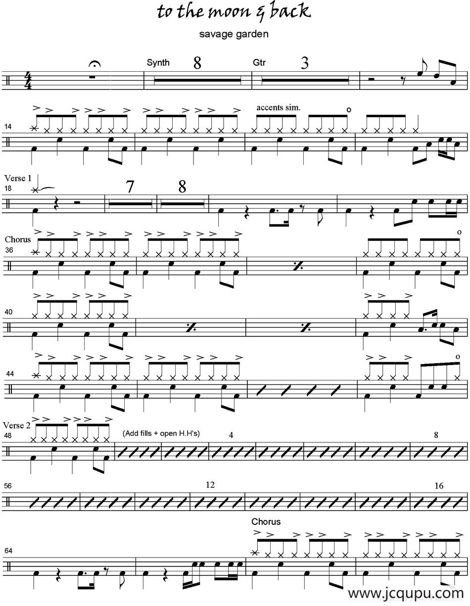 爵士鼓谱：Savage Garden - To the moon and back简谱