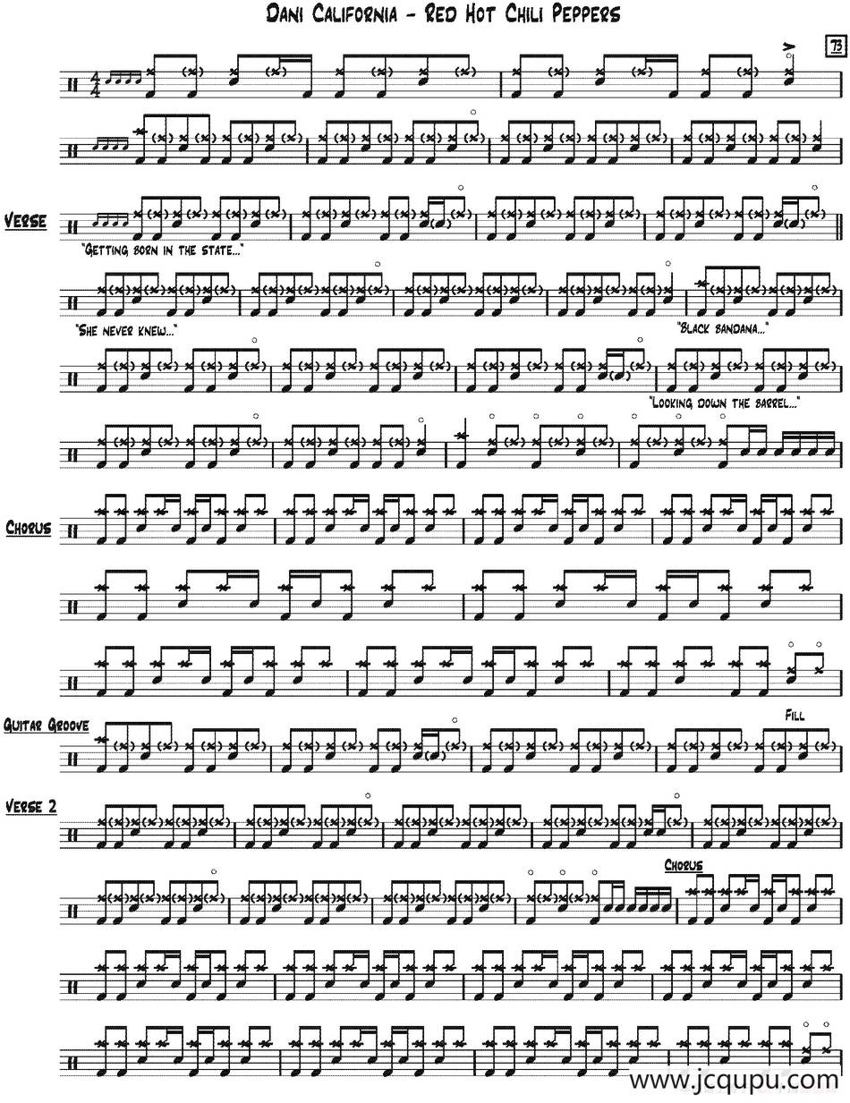 爵士鼓谱：Red Hot Chili Peppers - Dani california简谱
