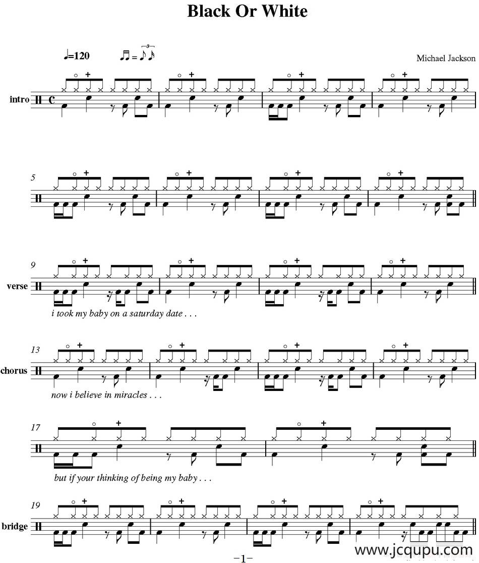 爵士鼓谱：Michael Jackson - Black or white简谱