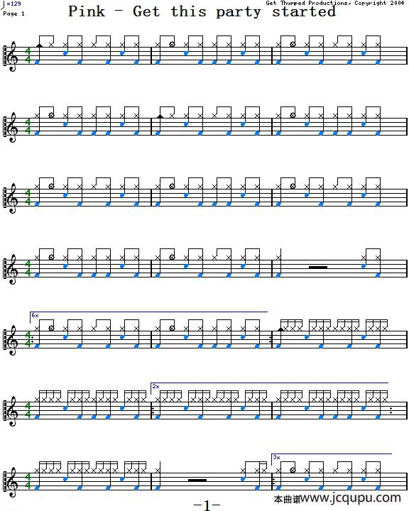 爵士鼓谱：Pink - Get this party started简谱