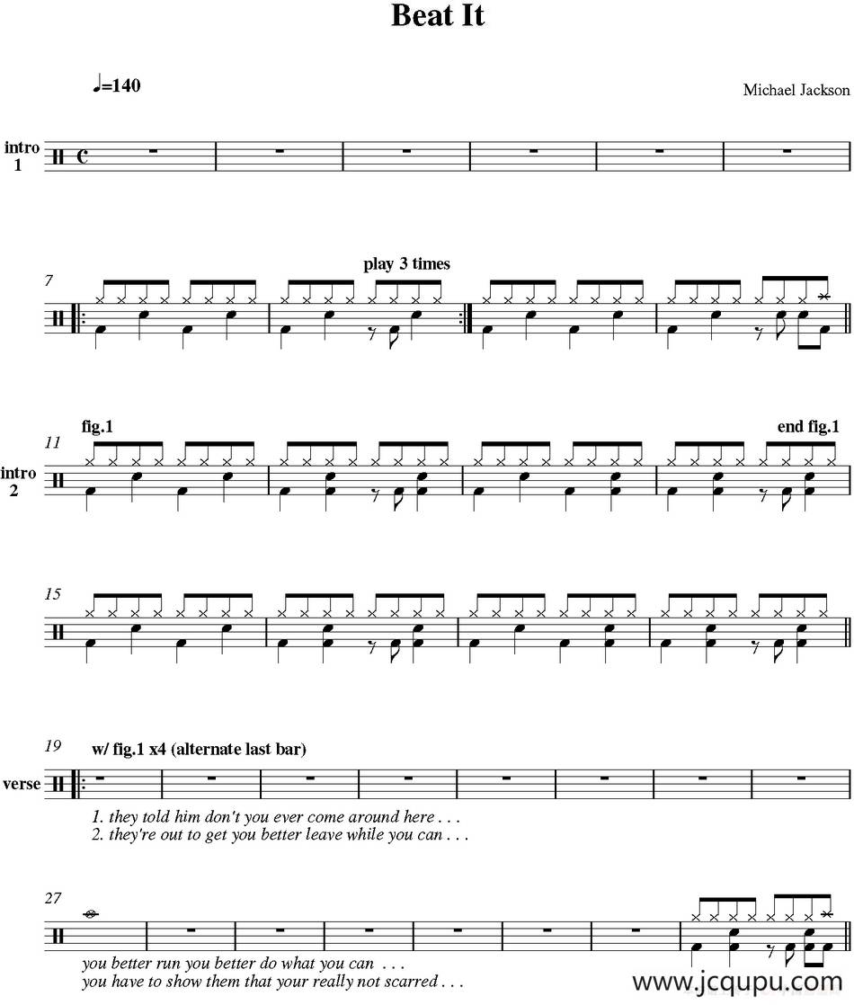 爵士鼓谱：Michael Jackson - Beat it简谱