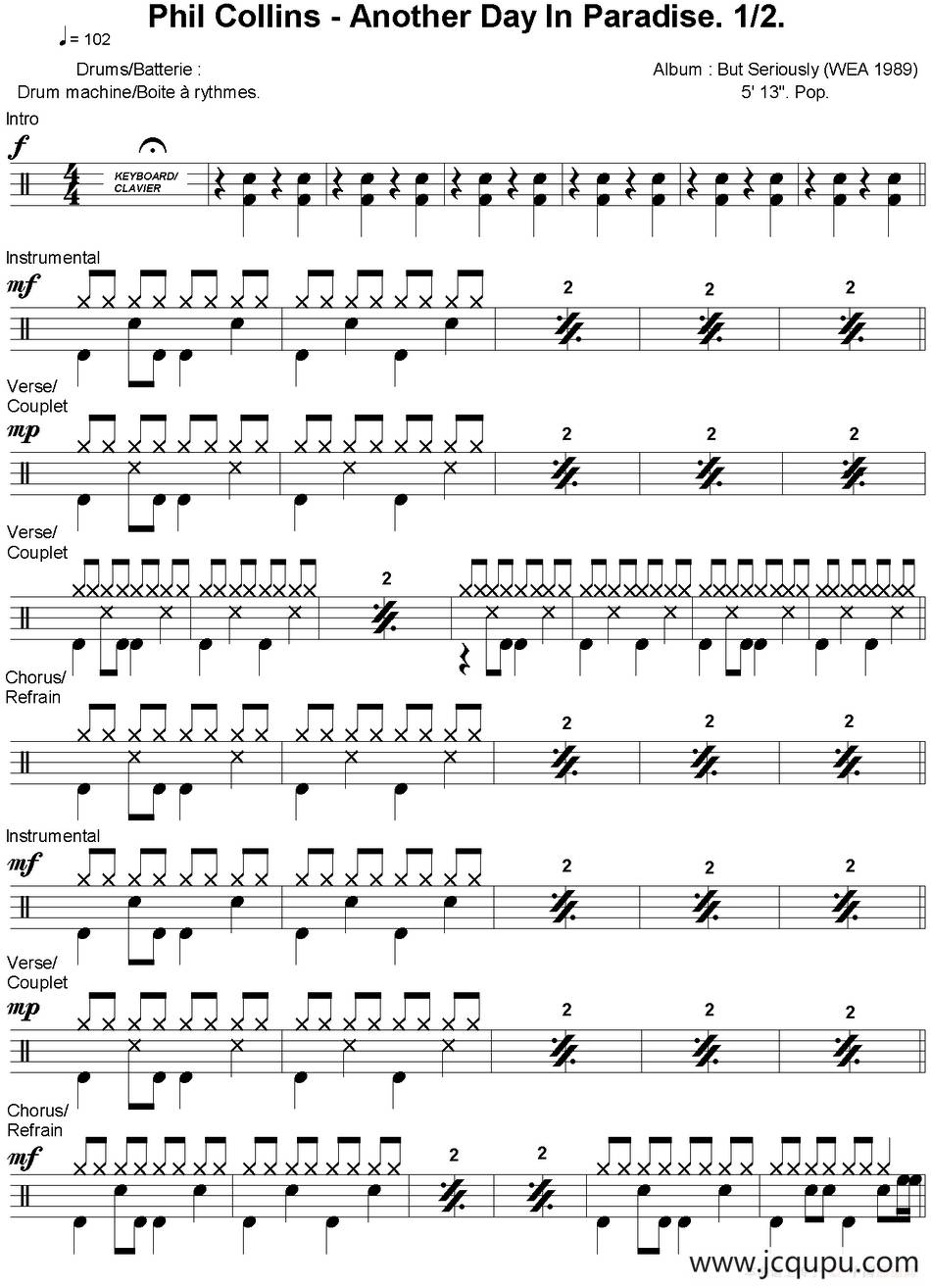 爵士鼓谱：Phil Collins - Another day in paradise简谱
