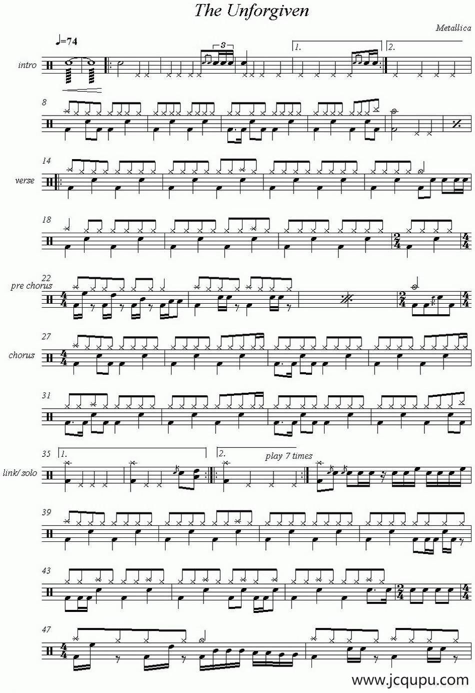 爵士鼓谱：Metallica - The Unforgiven简谱