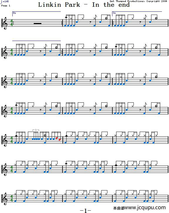 爵士鼓谱：Linkin Park - In the end简谱