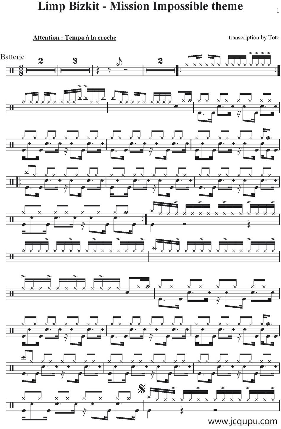 爵士鼓谱：Limp Bizkit - Mission Impossible theme简谱