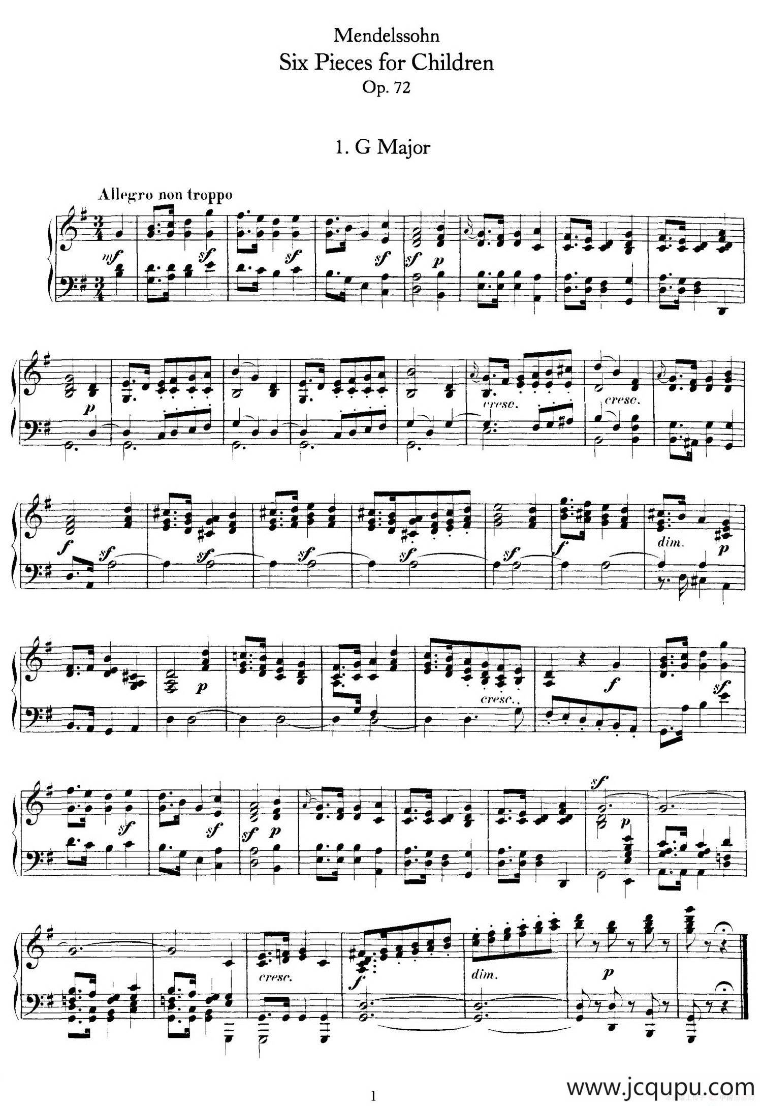 6 Pieces for Children Op.72（6首儿童钢琴曲1.G大调）简谱