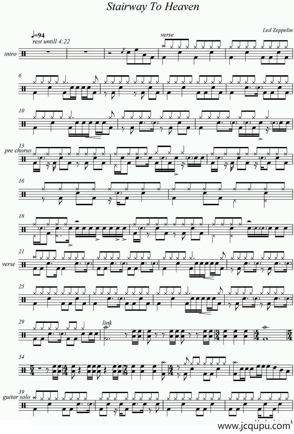 爵士鼓谱：Led Zeppelin-Stairway to heaven简谱