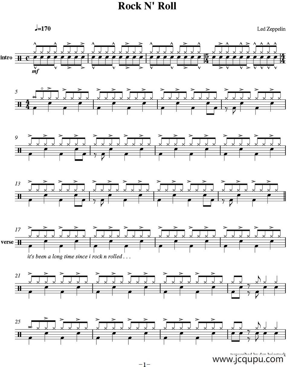 爵士鼓谱：Led Zeppelin - Rock n'roll简谱