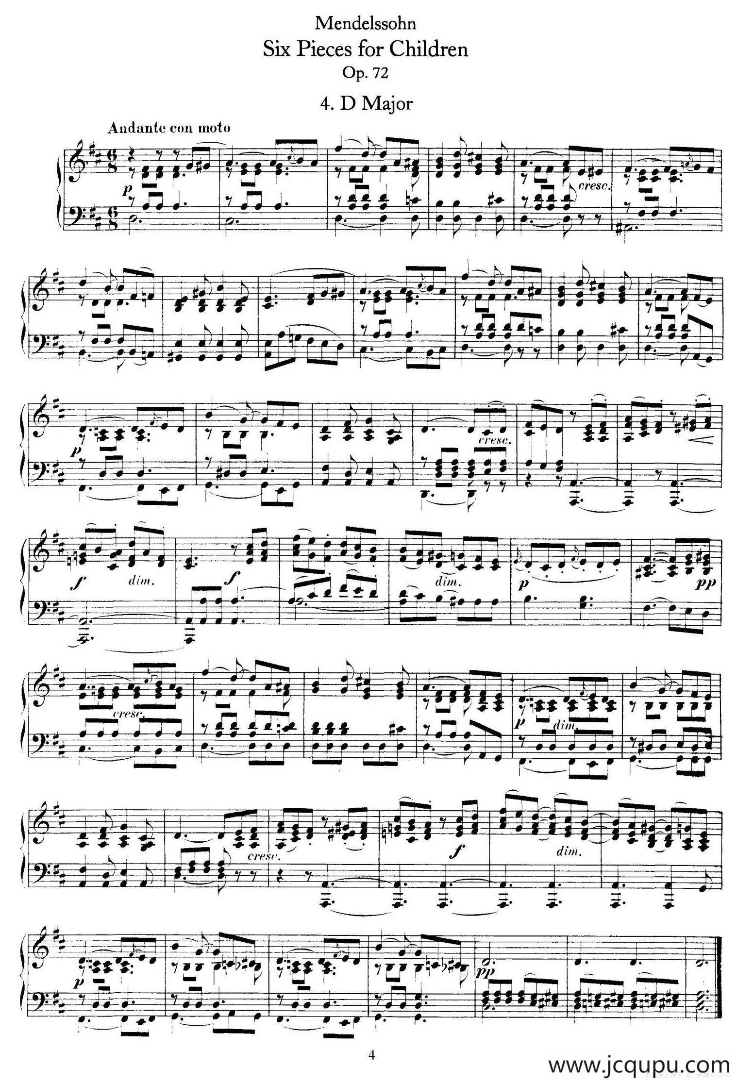 6 Pieces for Children Op.72（6首儿童钢琴曲4.D大调）简谱