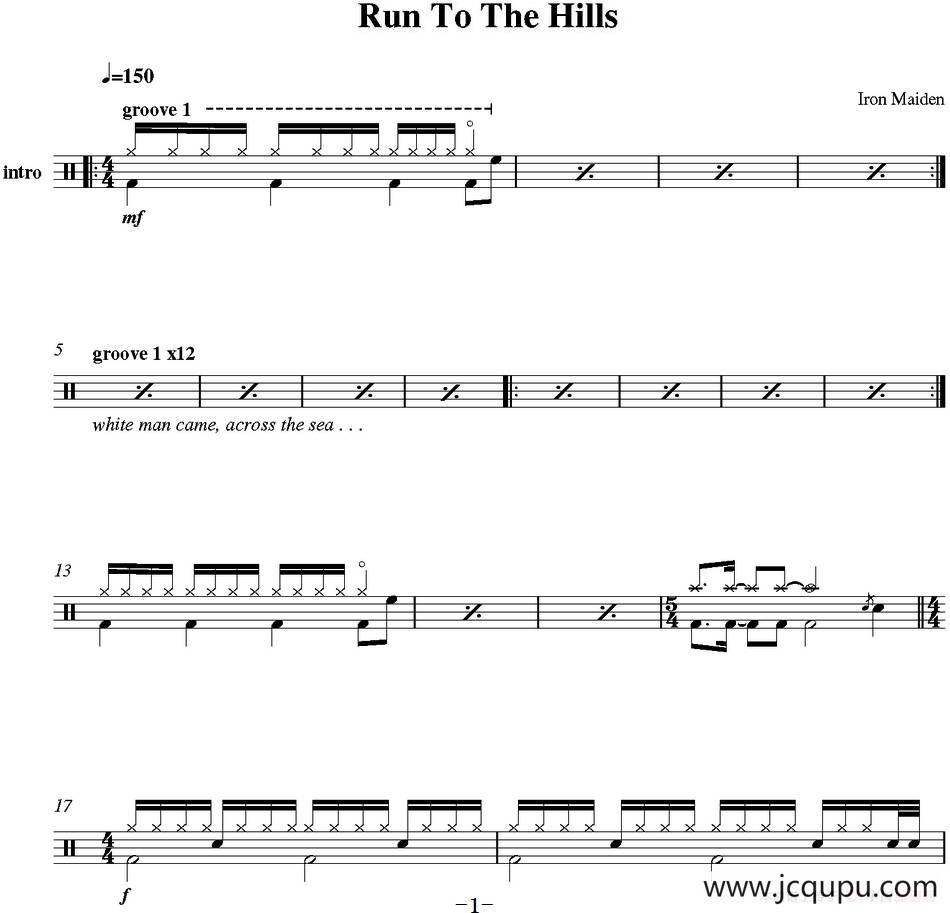 爵士鼓谱：Iron Maiden - Run to the hills简谱