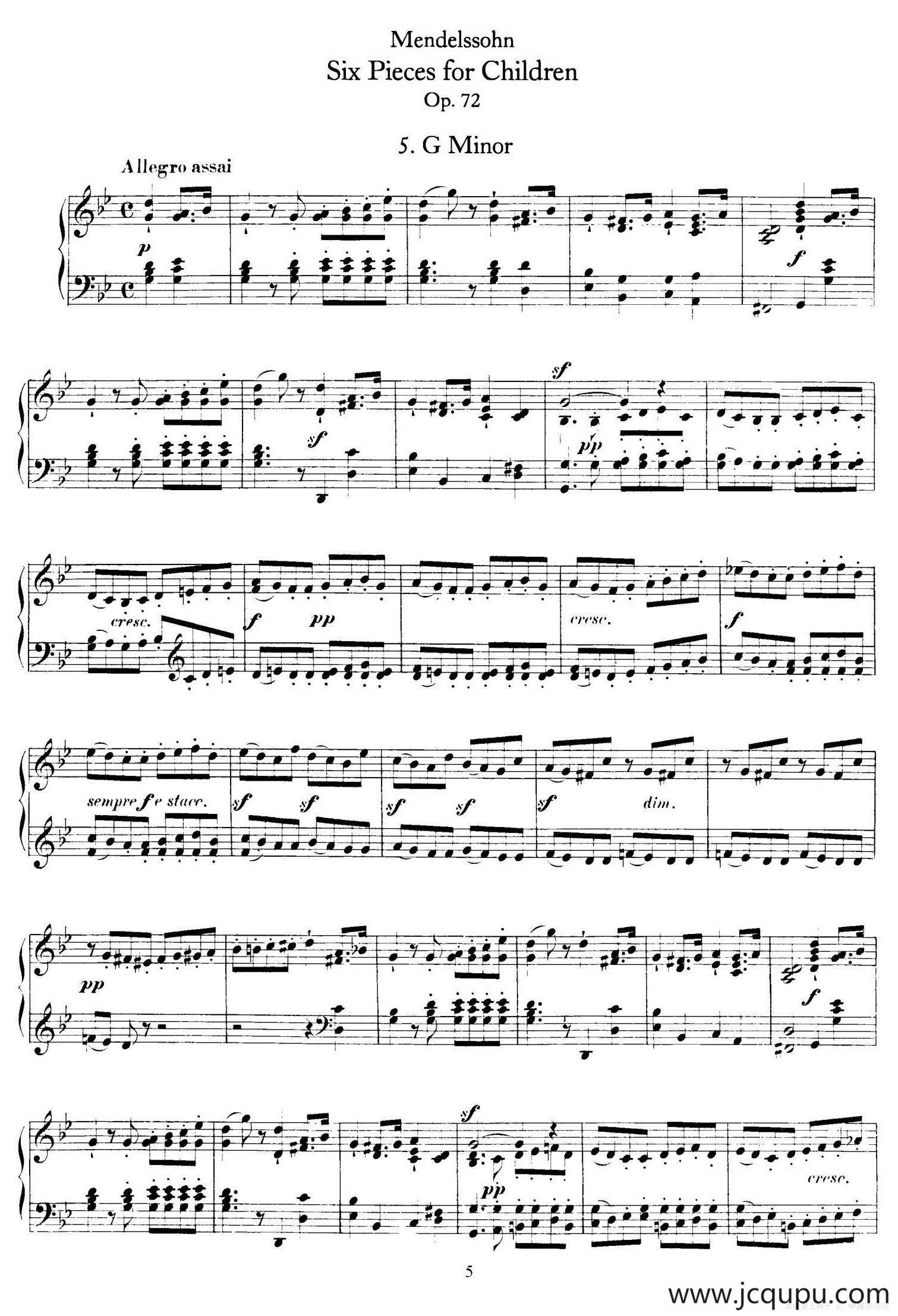 6 Pieces for Children Op.72（6首儿童钢琴曲5.g小调）简谱