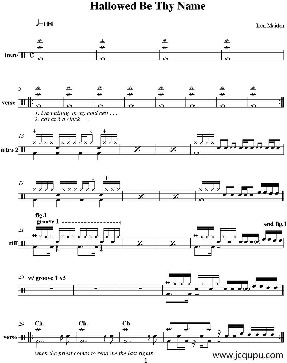 爵士鼓谱：Iron Maiden - Hallowed be thy name简谱