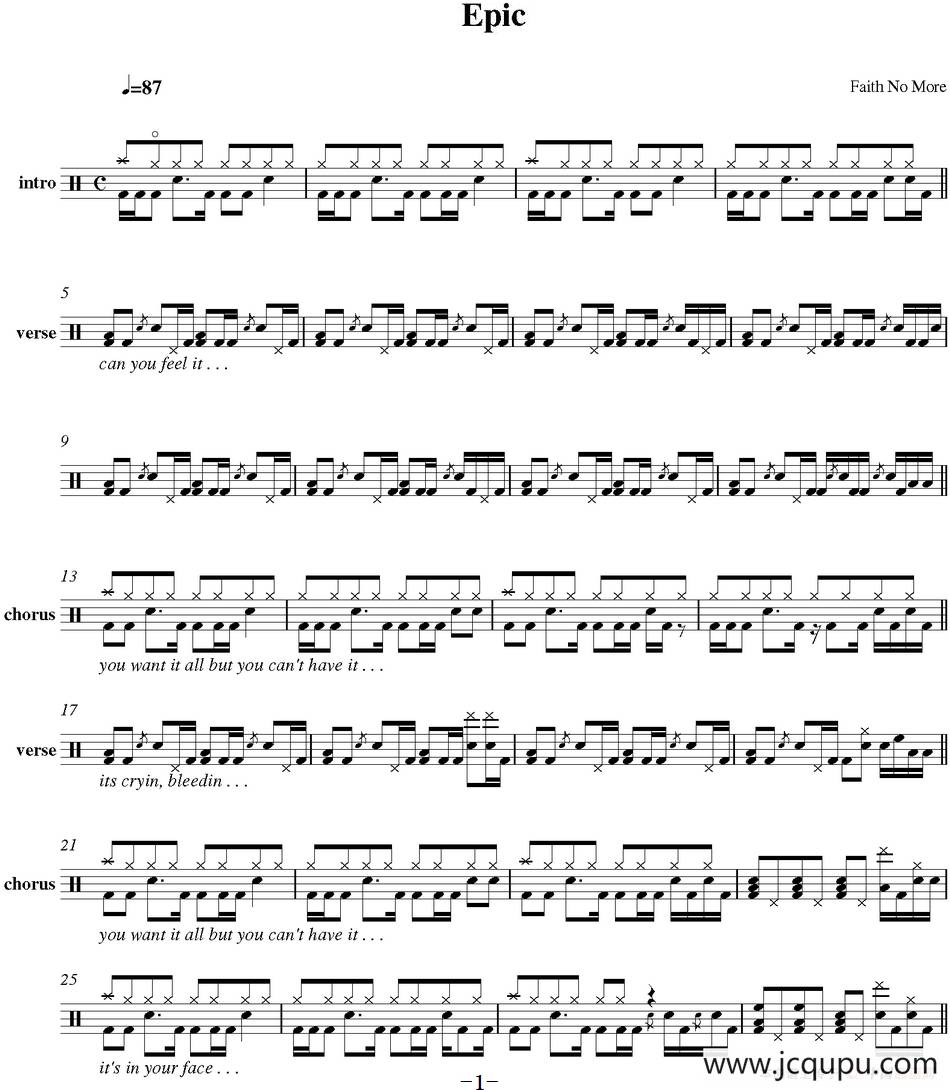 爵士鼓谱：Faith No More - Epic简谱