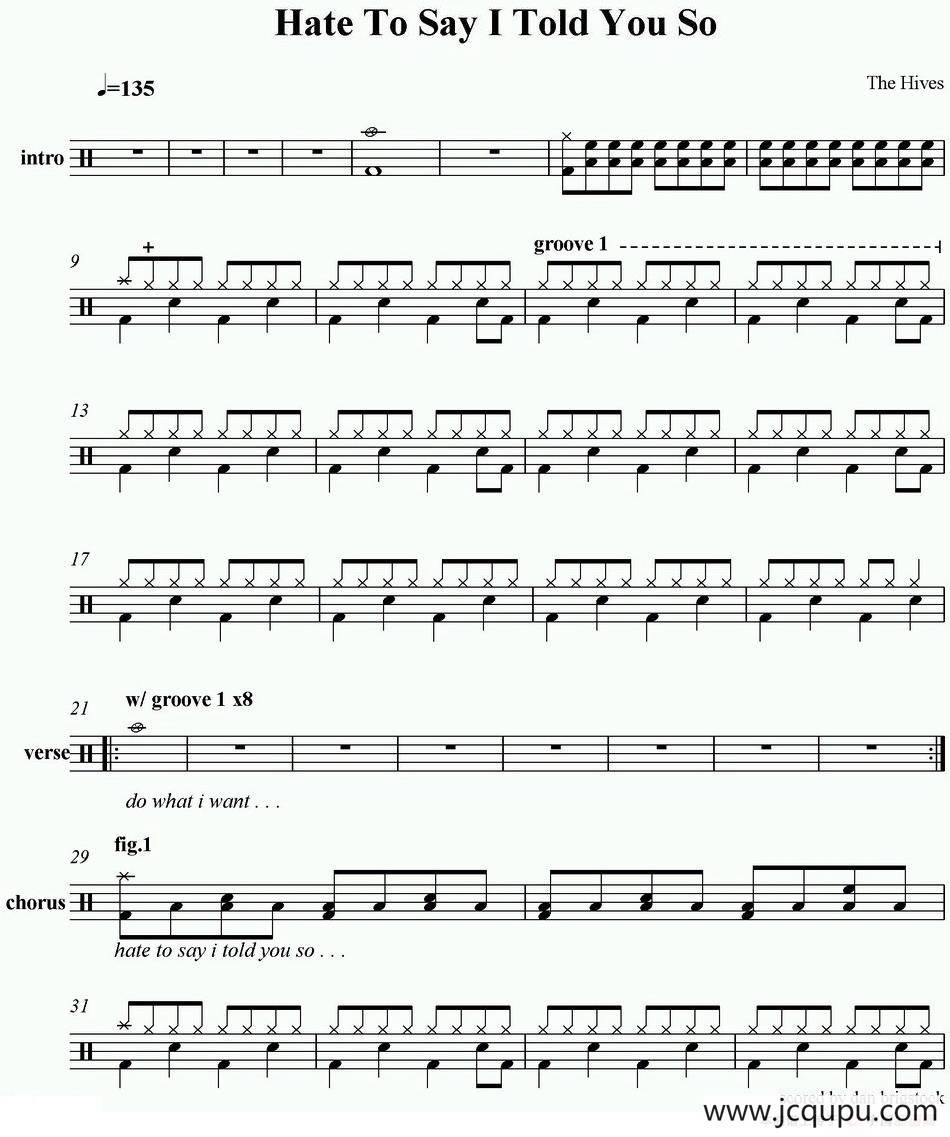 爵士鼓谱：Hives - Hate to say I told you so简谱