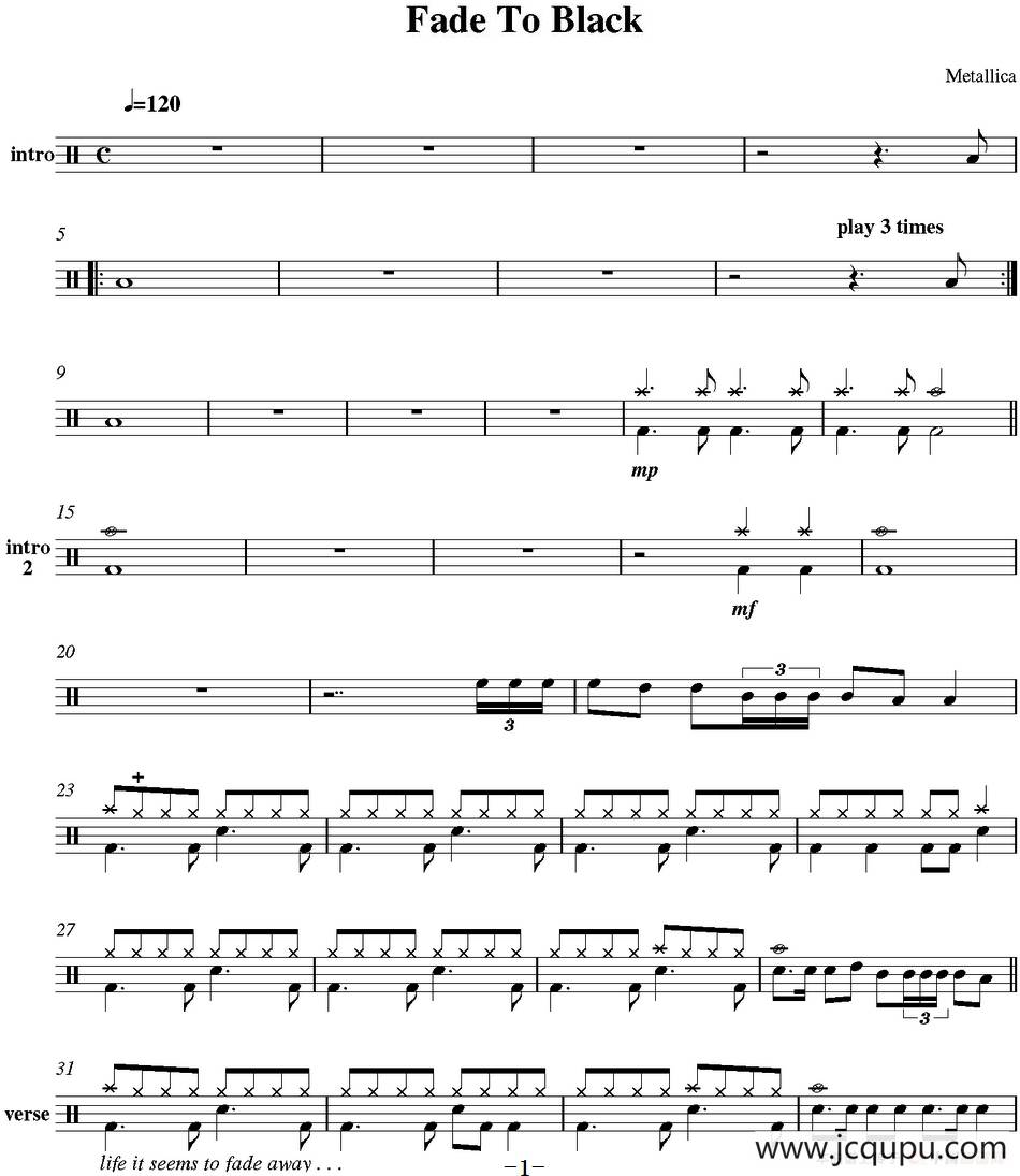 爵士鼓谱：Metallica-fade to black简谱
