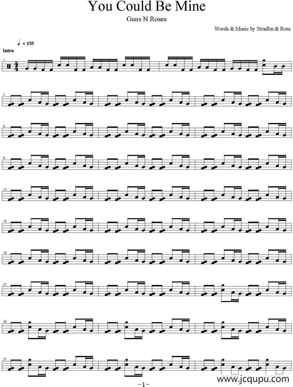 爵士鼓谱：Guns n' Roses - You could be mine简谱