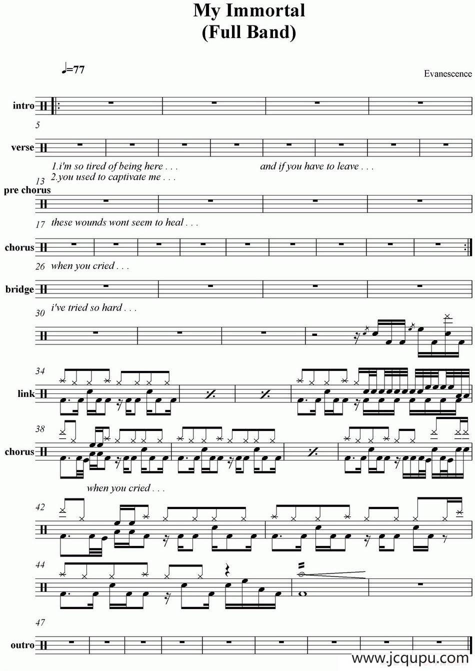 爵士鼓谱：Evanescence-My immortal简谱