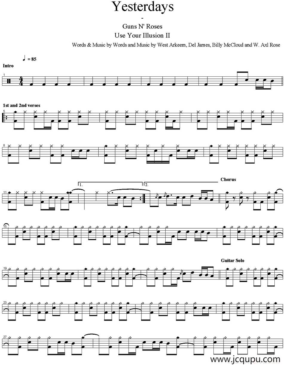 爵士鼓谱：Guns n' Roses - Yesterdays简谱