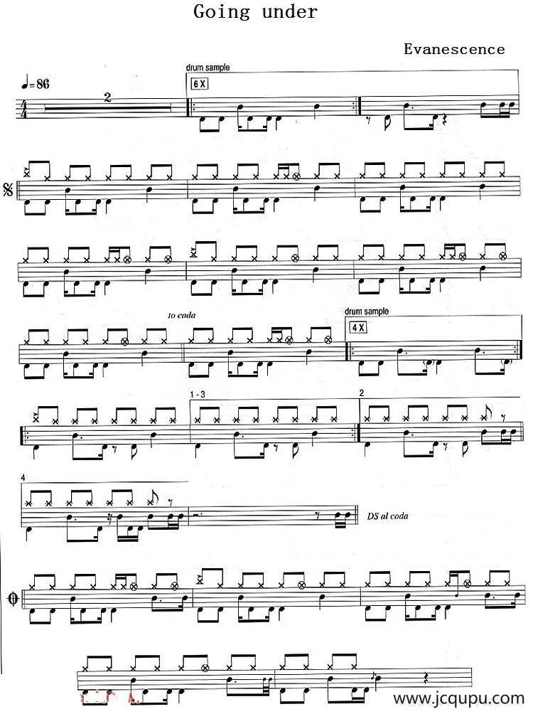 爵士鼓谱：Evanescence-Going under简谱