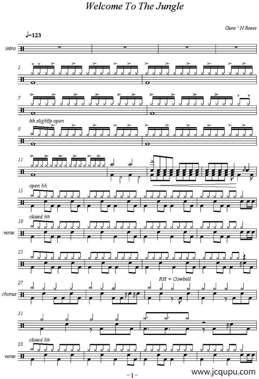 爵士鼓谱：Guns n' Roses - Welcome to the jungle简谱