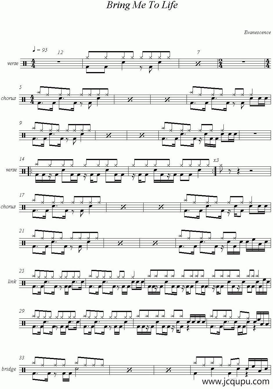 爵士鼓谱：Evanescence - Bring me to life简谱