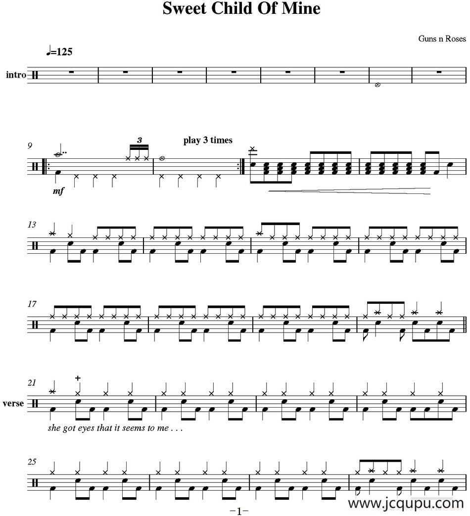 爵士鼓谱：Guns n' Roses - Sweet child of mine简谱