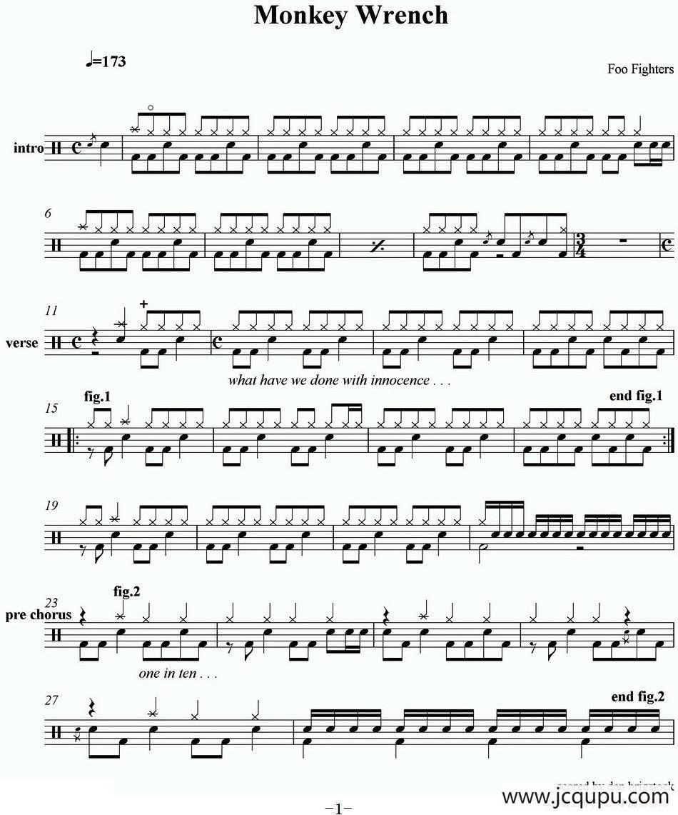 爵士鼓谱：Foo Fighters-Monkey wrench简谱