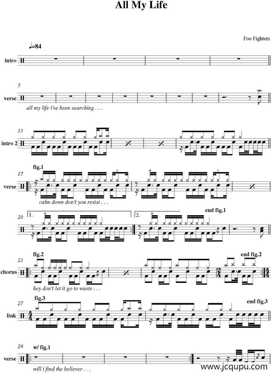 爵士鼓谱：Foo Fighters - All my life简谱