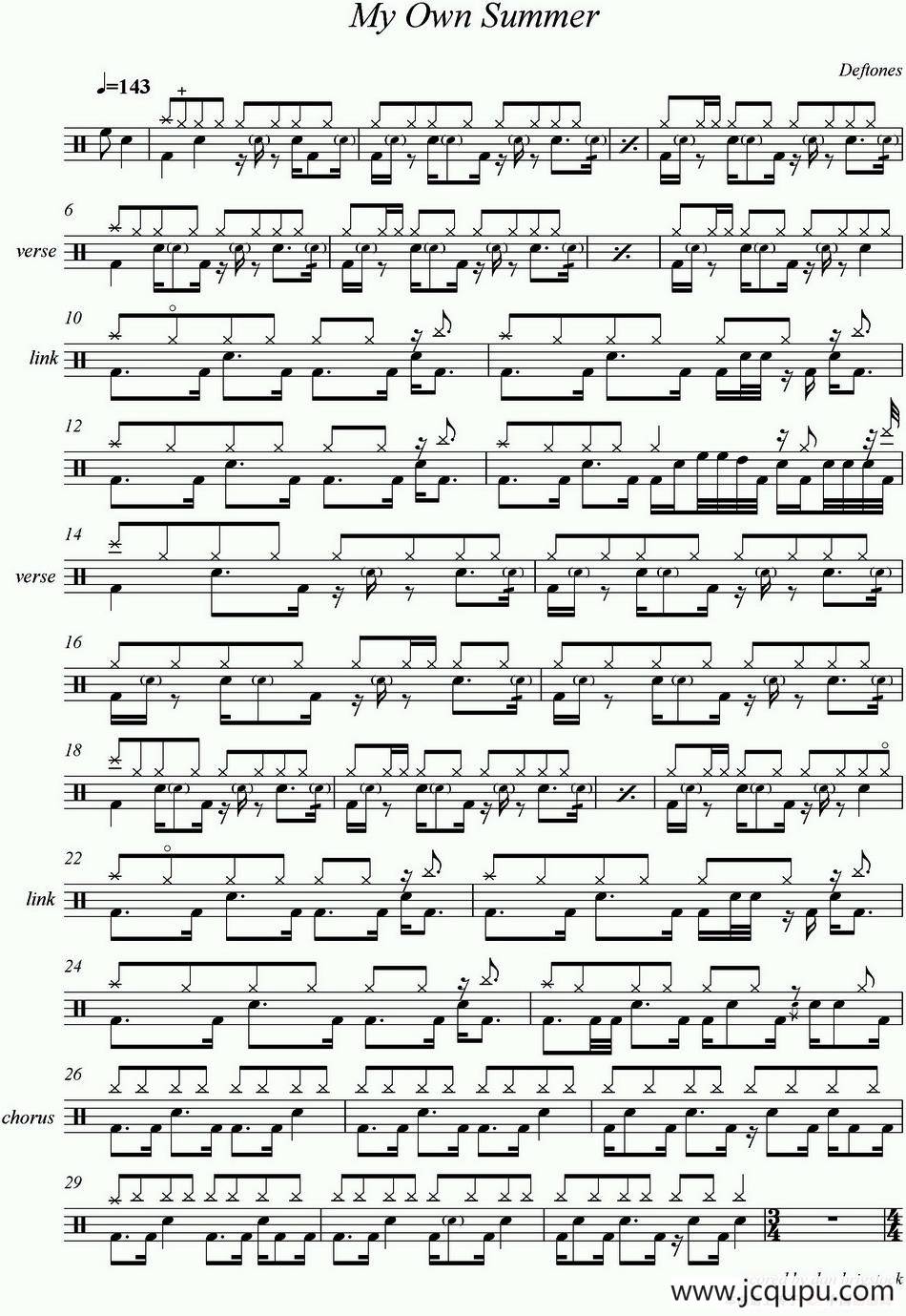 爵士鼓谱：Deftones-My own summer简谱