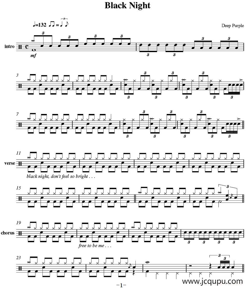 爵士鼓谱：Deep Purple - Black night简谱