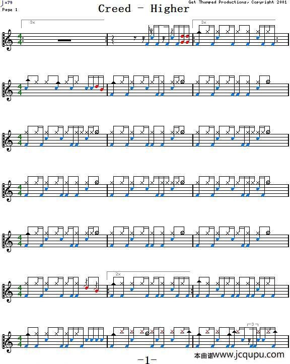 爵士鼓谱：Creed - Higher简谱