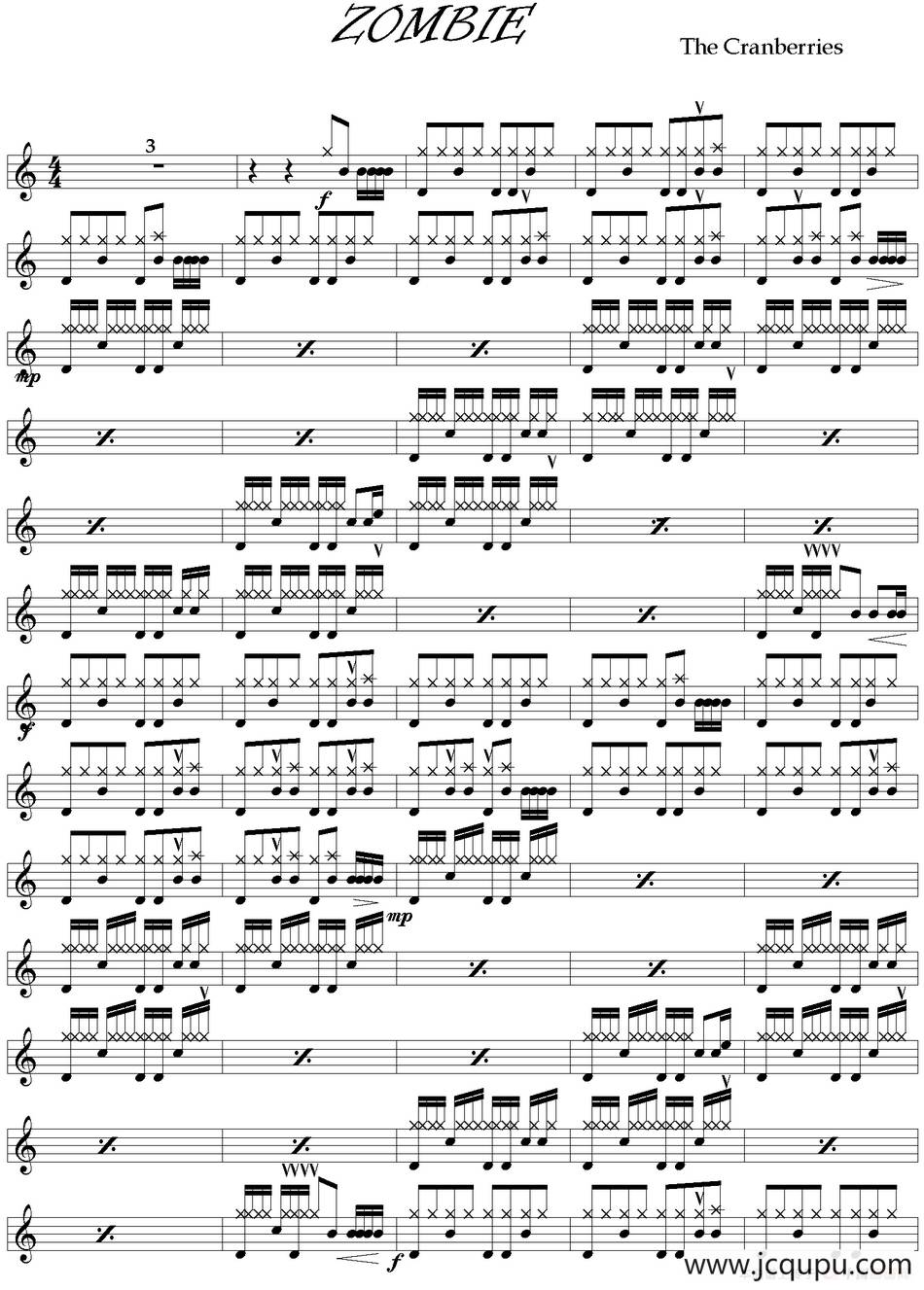 爵士鼓谱：Cranberries - Zombie简谱